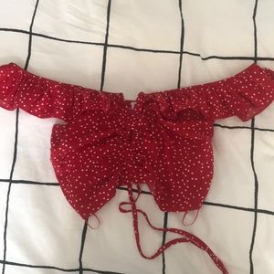 red polka dot off the shoulder crop top